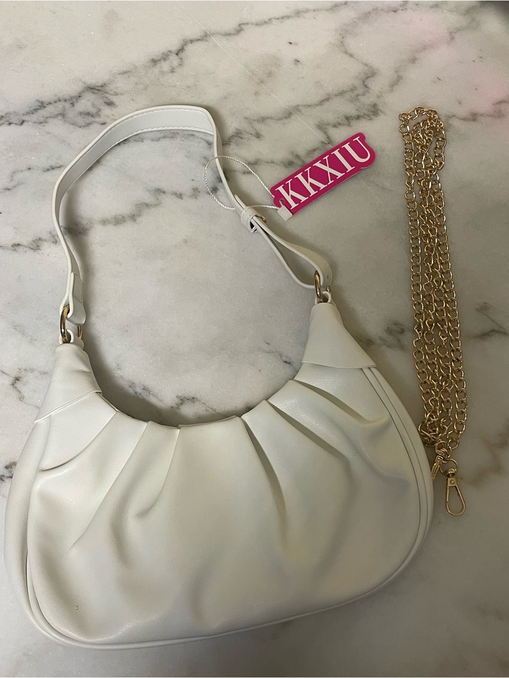 New KKXIU White Gathered Hobo Satchel with Removable Gold Chain
